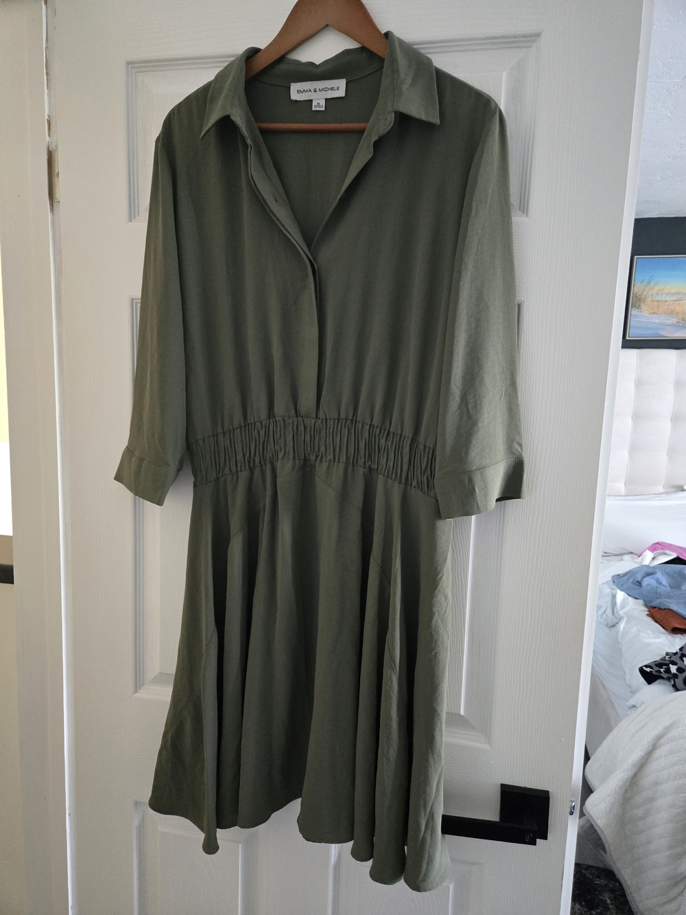 Emma & Michele Olive Green Shirt Dress with Elastic Waist